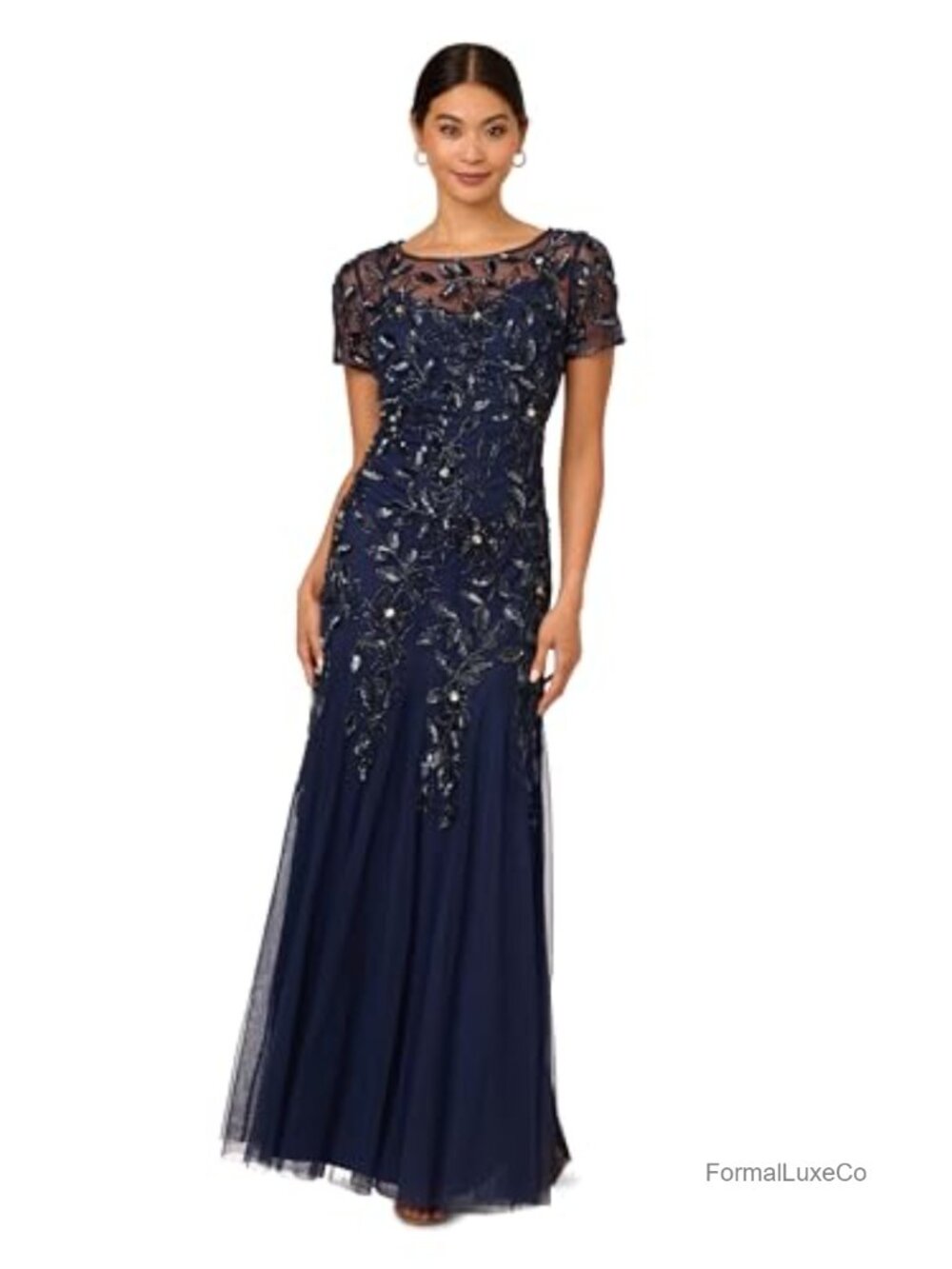 Beaded Mermaid Gown with Godets, Floor Length Formal Dress, Cap Sleeves, Back